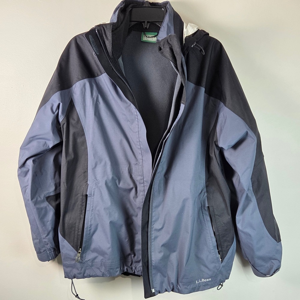 LL Bean Jacket Womens L Blue Black Good Polartec Fleece Lined Hooded Hiking Coat